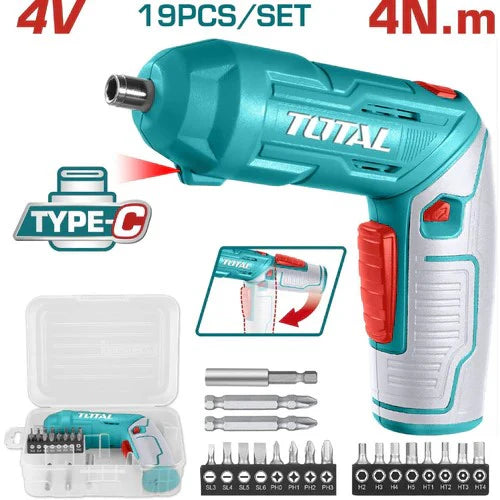 ATORNILLADOR INALAMBRICO 4V ESTUCHE PLASTICO + 16 PUNTAS TALADRO DE 25MM, 2 DE 50MM SUPER TOTAL